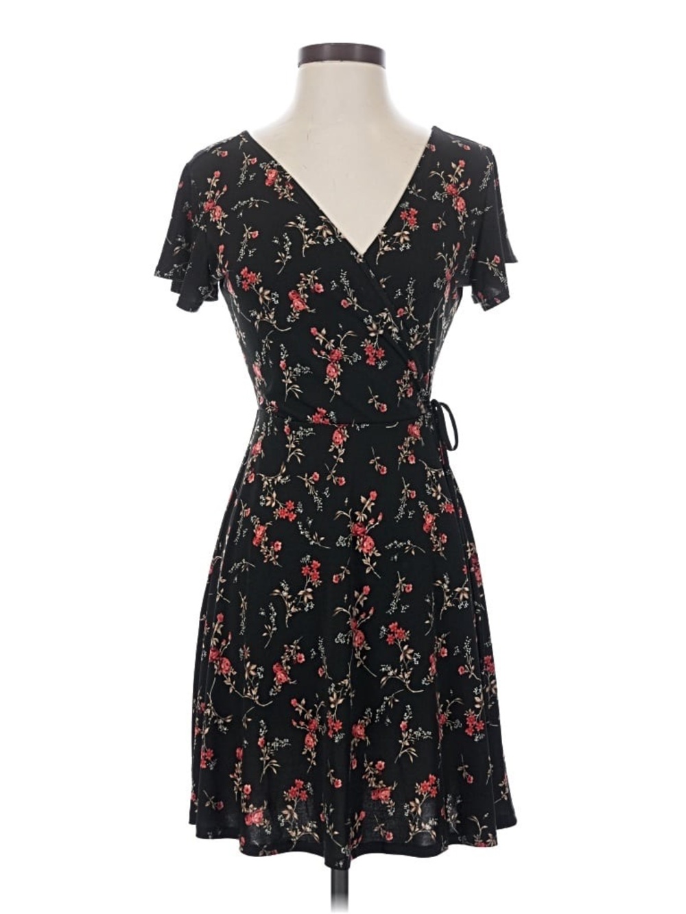 Kaileigh Black Floral Wrap Mini Dress with Red & Cream Accents MP